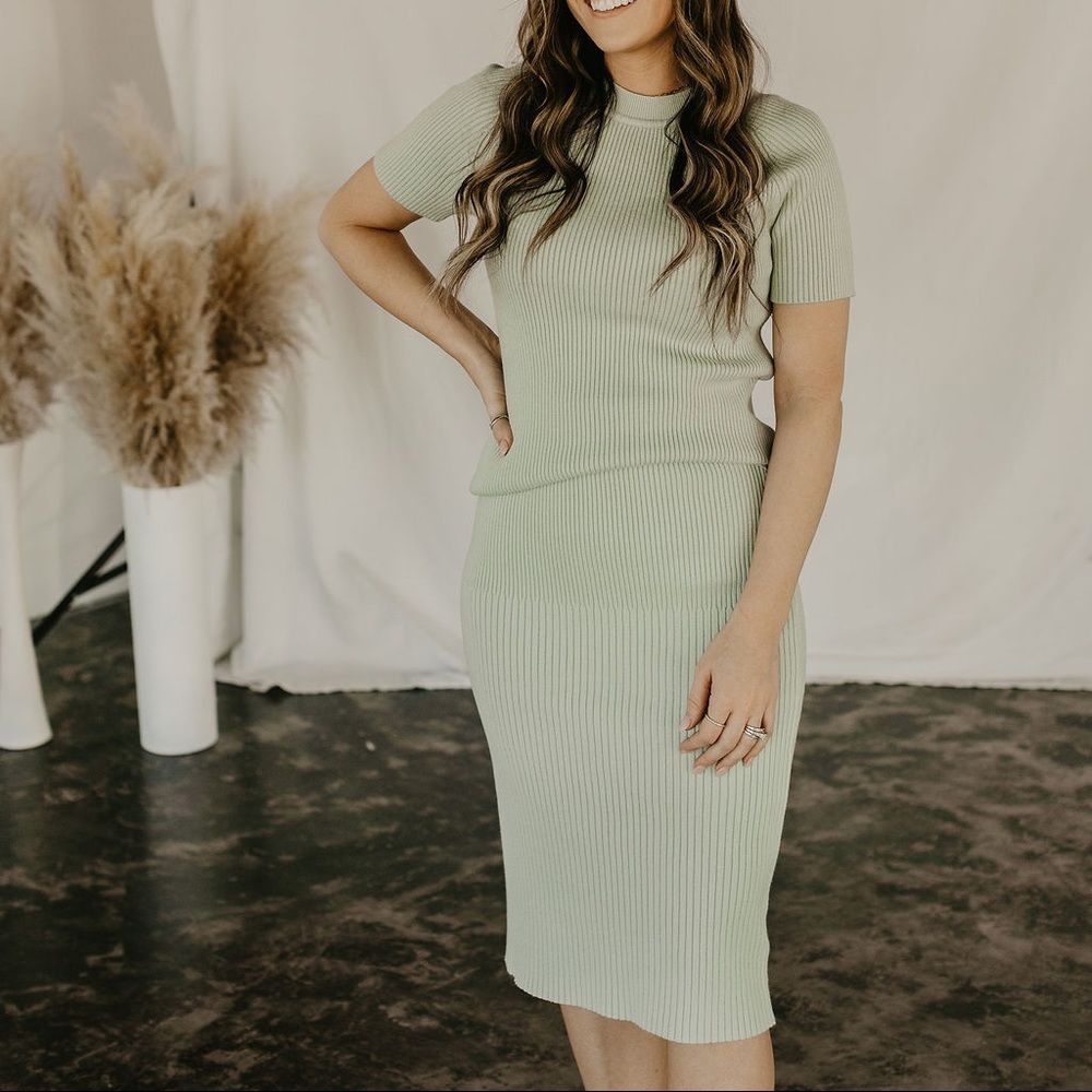 Light green sweater skirt and top set